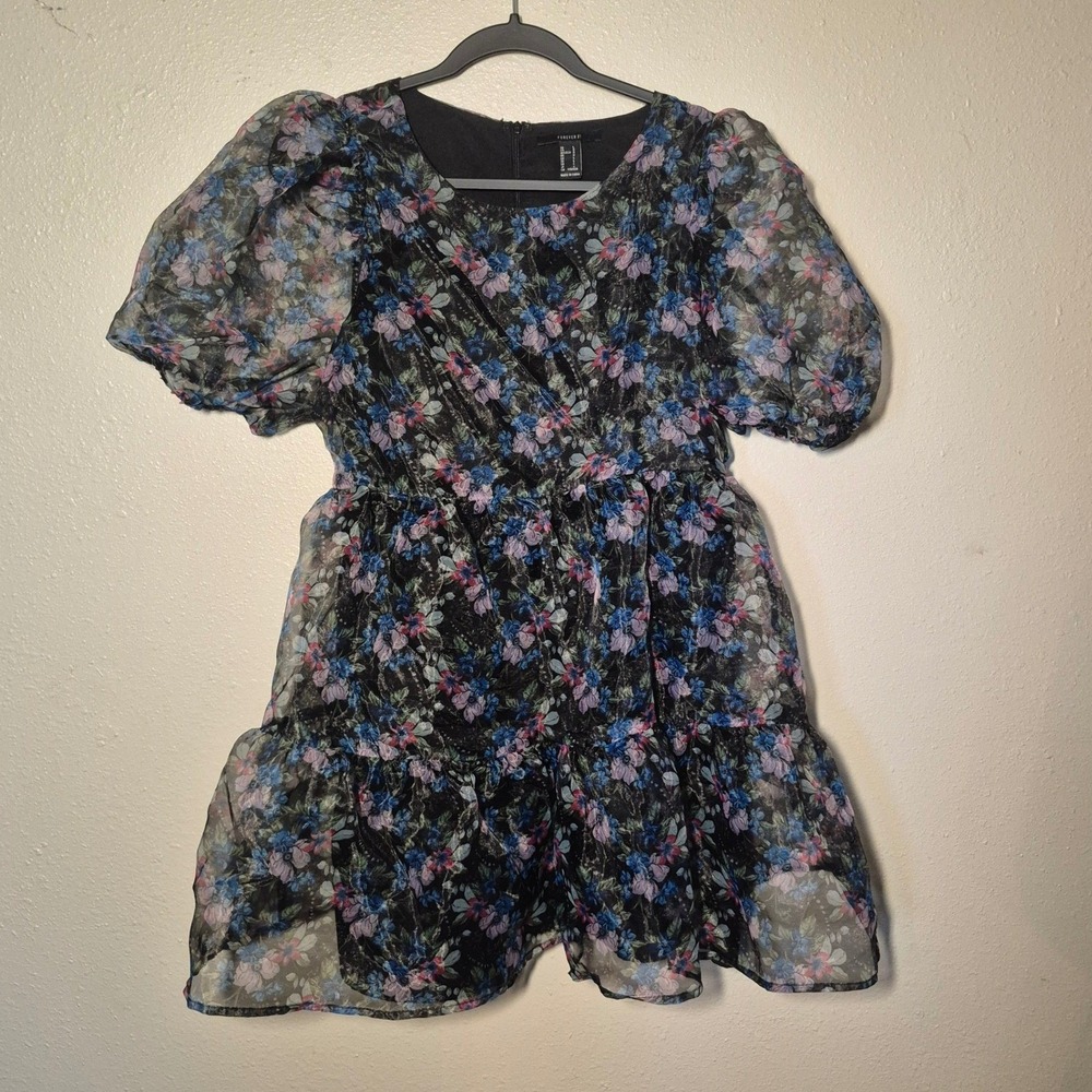 Forever 21 Womens Large Floral Sheer Mesh Long Puff Sleeve Dress Black Pink Blue